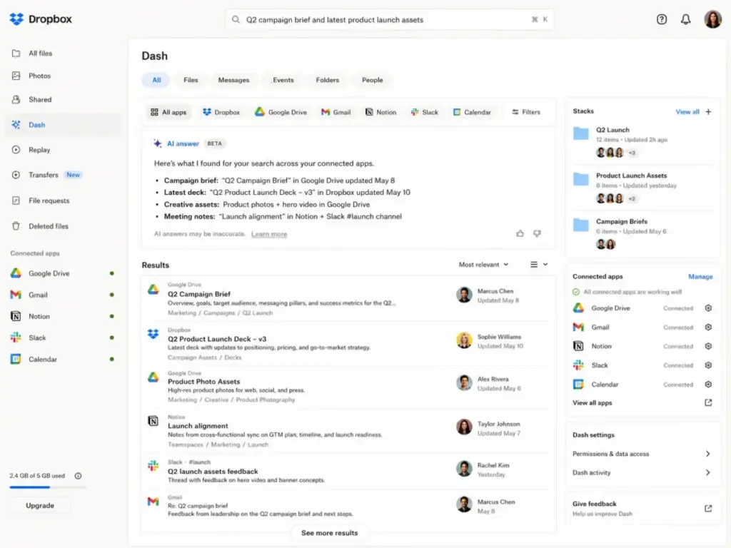 Dropbox Dash search interface showing AI answers and results from connected apps including Google Drive, Gmail, Notion, Slack, and Calendar.
