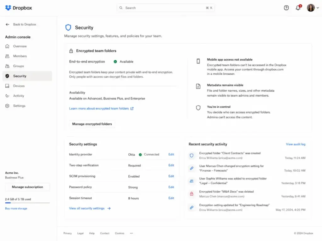 Dropbox security settings page showing encrypted team folders, end-to-end encryption availability, plan availability, and related security notes.