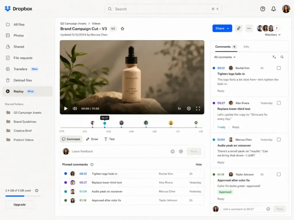 Dropbox Replay review screen showing a video preview with time-stamped comments and reviewer feedback in the sidebar.