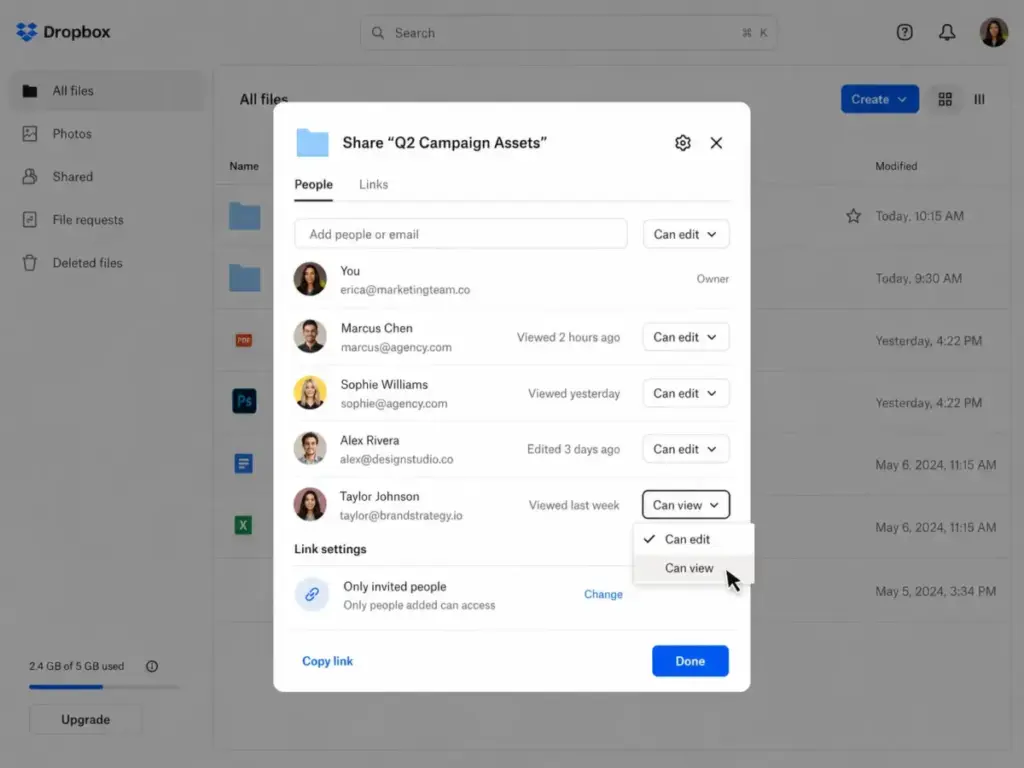 Dropbox shared folder permissions panel showing collaborators with Can edit and Can view access controls.