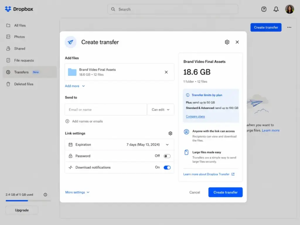 Dropbox Transfer interface showing a large file upload, link settings, and transfer limits by plan with 50 GB for Plus and 100 GB for Standard and Advanced.