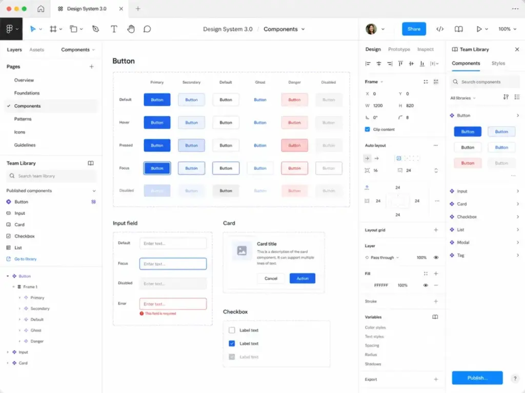 Figma Design file showing a design system component library with button variants, input fields, Auto Layout settings, variables, and Team Library panel.