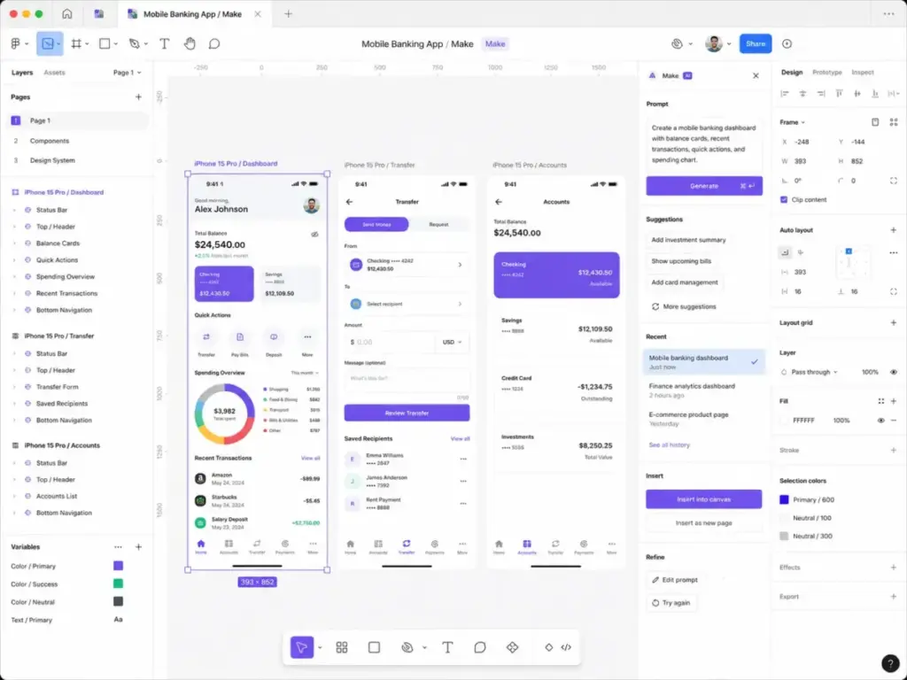 Figma Make interface showing an AI prompt panel generating editable mobile banking app screens with dashboard, transfer, and account prototype frames.