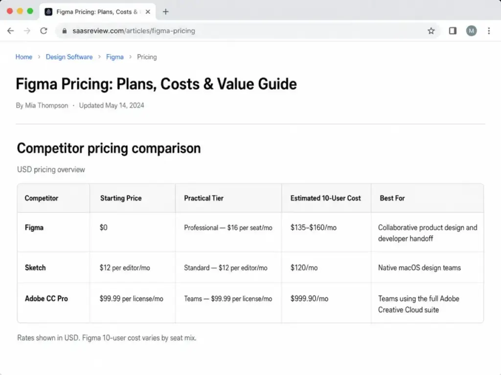 Competitor pricing comparison table showing Figma, Sketch, and Adobe CC Pro rates with estimated 10-user monthly costs.