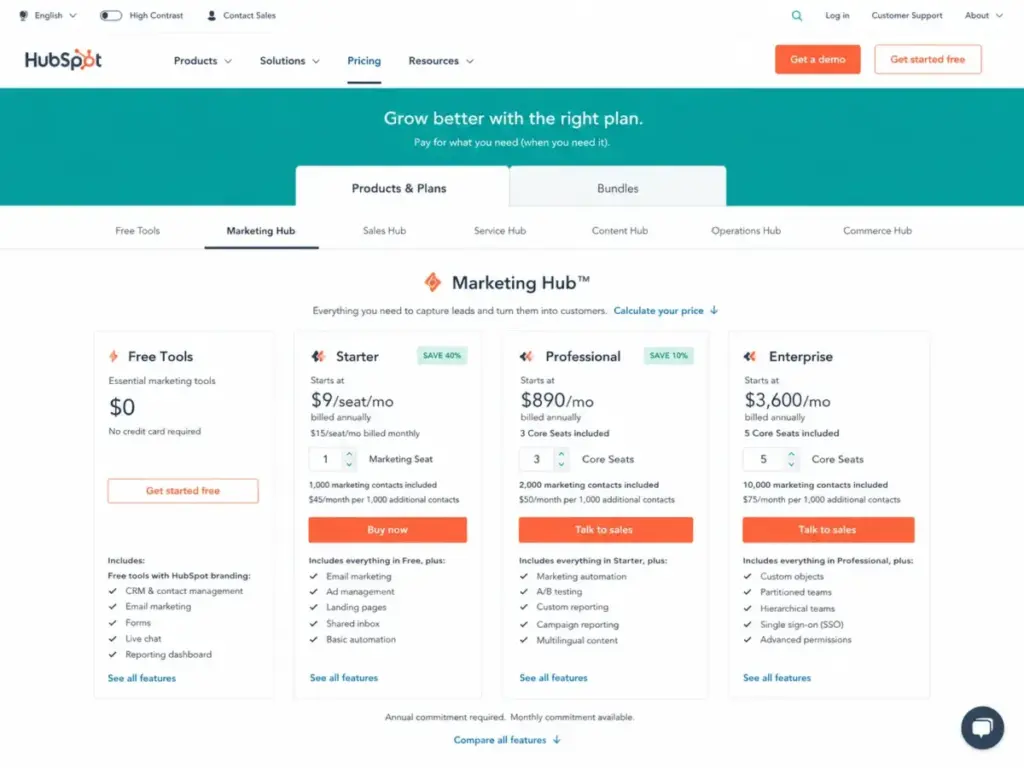 HubSpot pricing page showing Free, Starter, Professional and Enterprise plans with seat-based pricing and marketing contact limits.