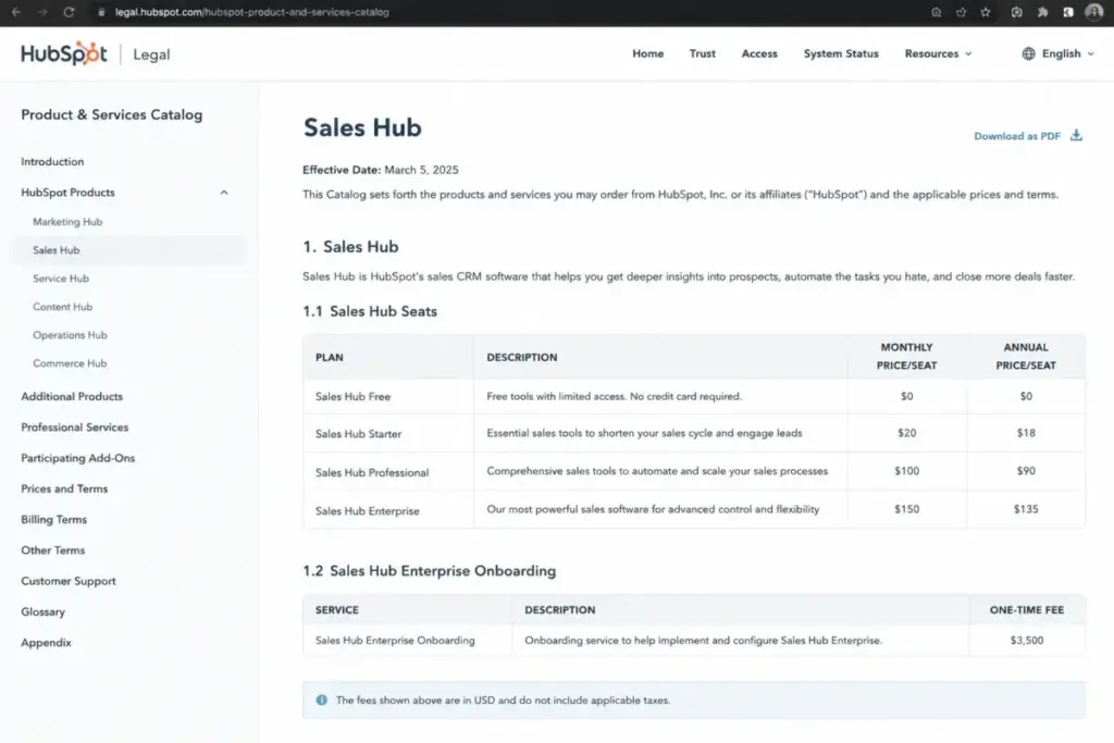 HubSpot Product and Services Catalog showing Sales Hub seat pricing and Enterprise onboarding fee