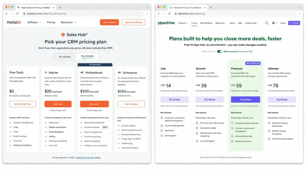 HubSpot vs Pipedrive pricing comparison showing Sales Hub and Pipedrive plan cards side by side