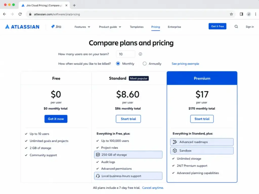 Jira Premium plan feature list highlighting Advanced Roadmaps and Sandbox availability