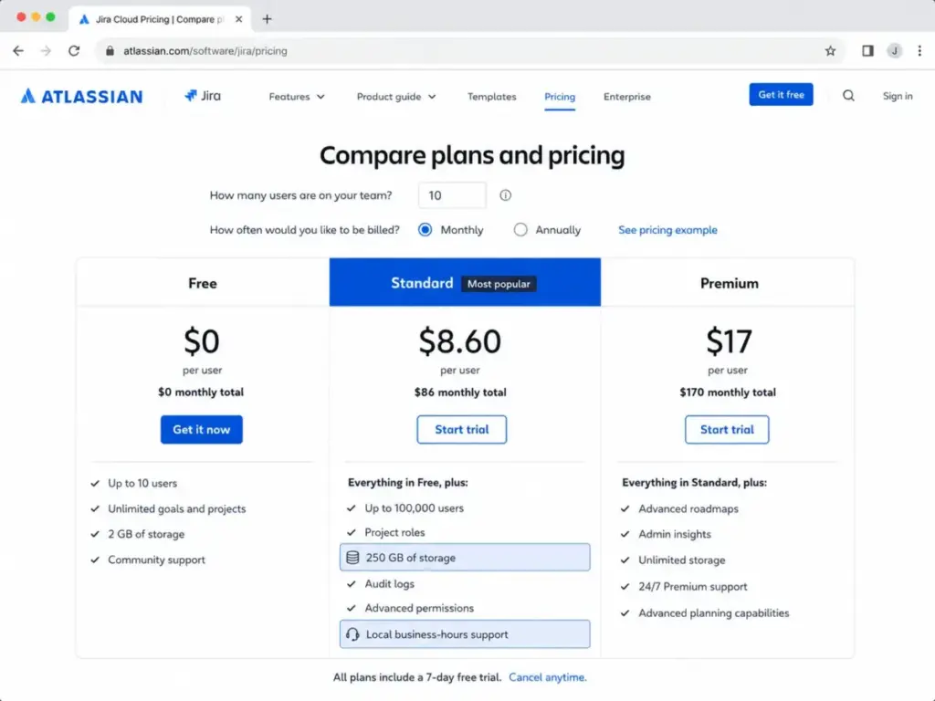 Jira Standard plan feature list highlighting 250 GB storage and local business-hours support