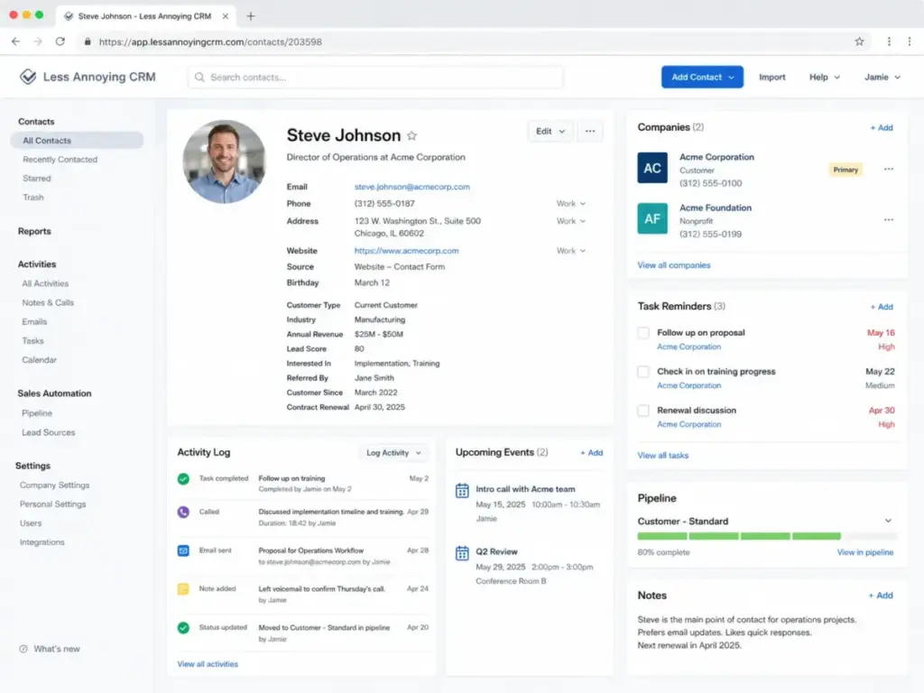 Less Annoying CRM contact profile showing custom fields, activity log, linked companies, and task reminders.