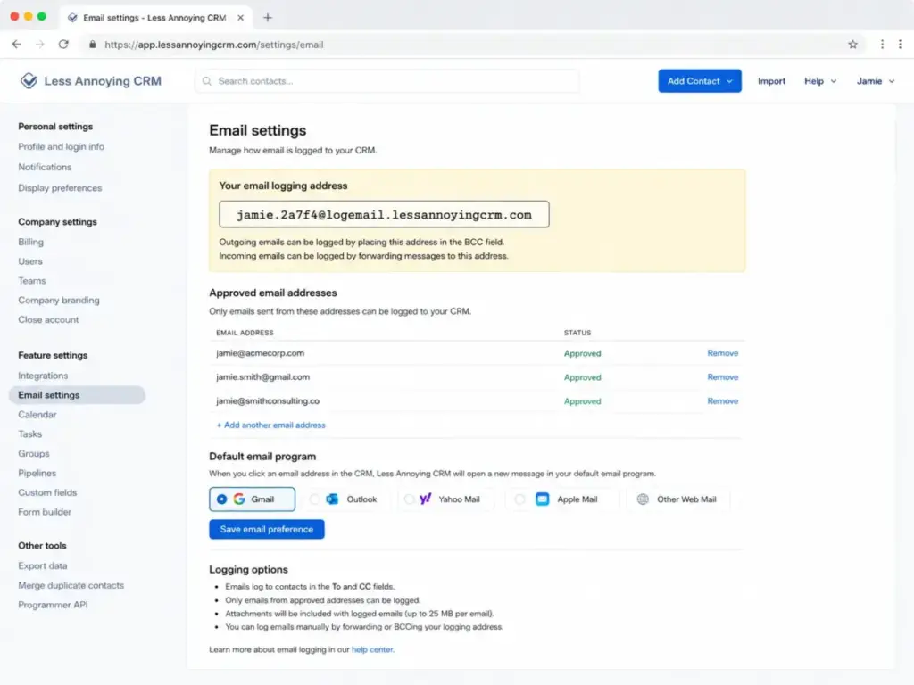 Less Annoying CRM email settings showing BCC email logging address, approved email addresses, and default email program options.