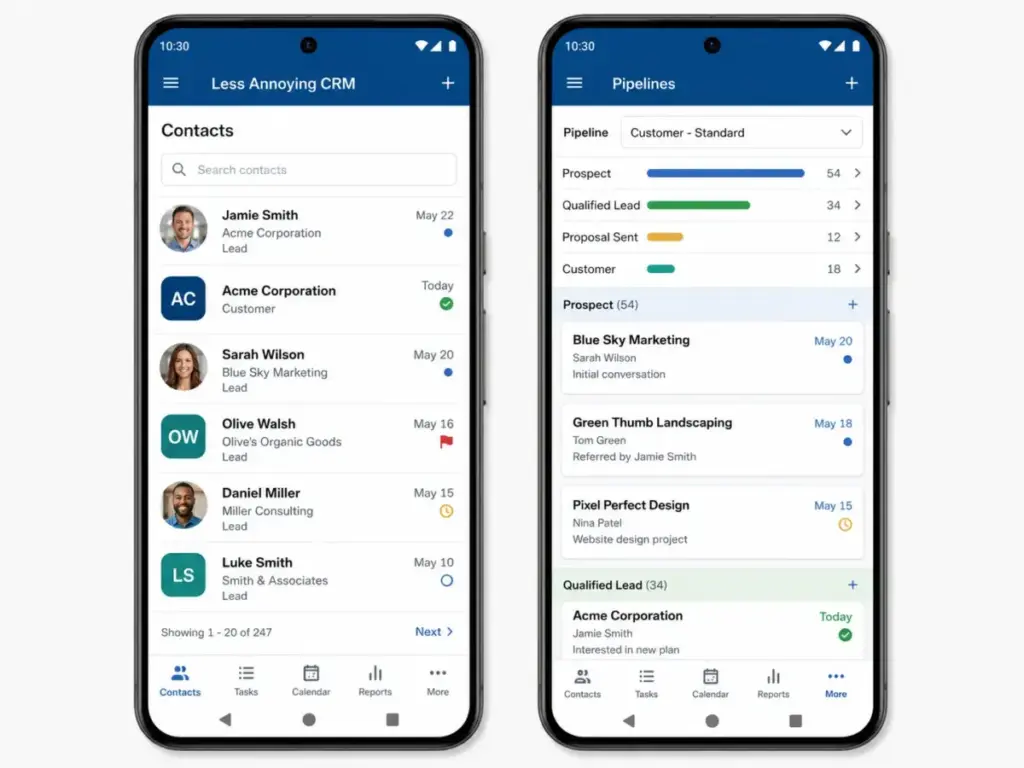 Less Annoying CRM Android mobile app showing contact list and sales pipeline view.