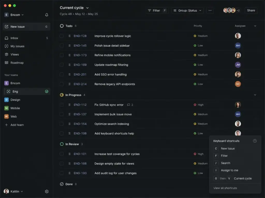 Linear active cycle view showing issue assignment, priority labels, and keyboard shortcuts