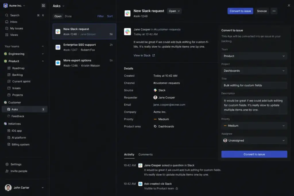 Linear Asks interface showing a Slack request being converted into a Linear issue