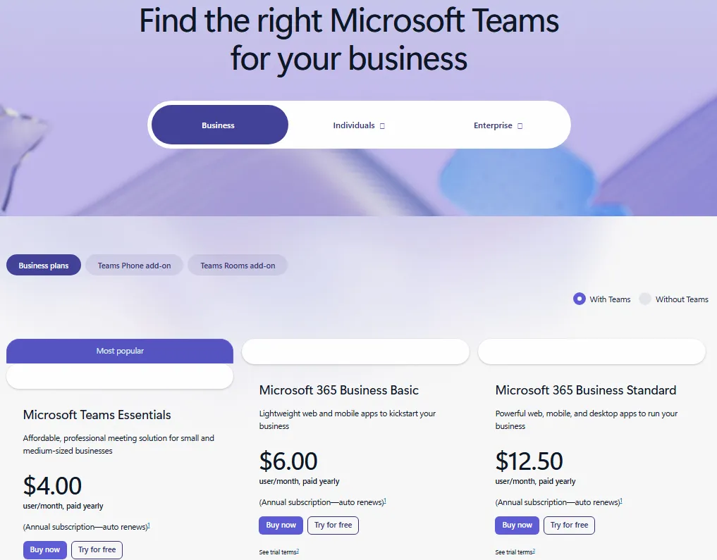 Screenshot-style image of the Microsoft Teams business pricing page showing Teams Essentials, Microsoft 365 Business Basic, and Microsoft 365 Business Standard plans.