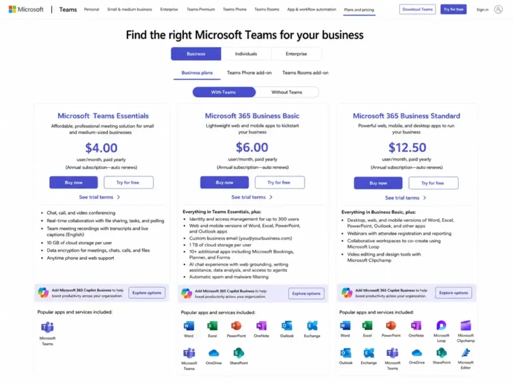 Microsoft Teams business pricing page showing Teams Essentials, Microsoft 365 Business Basic, and Microsoft 365 Business Standard plans with annual billing.
