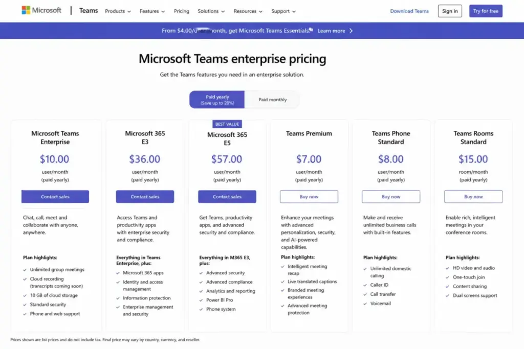 Microsoft Teams enterprise pricing page showing Teams Enterprise, Microsoft 365 E3, Microsoft 365 E5, Teams Premium, Teams Phone, and Teams Rooms plans.