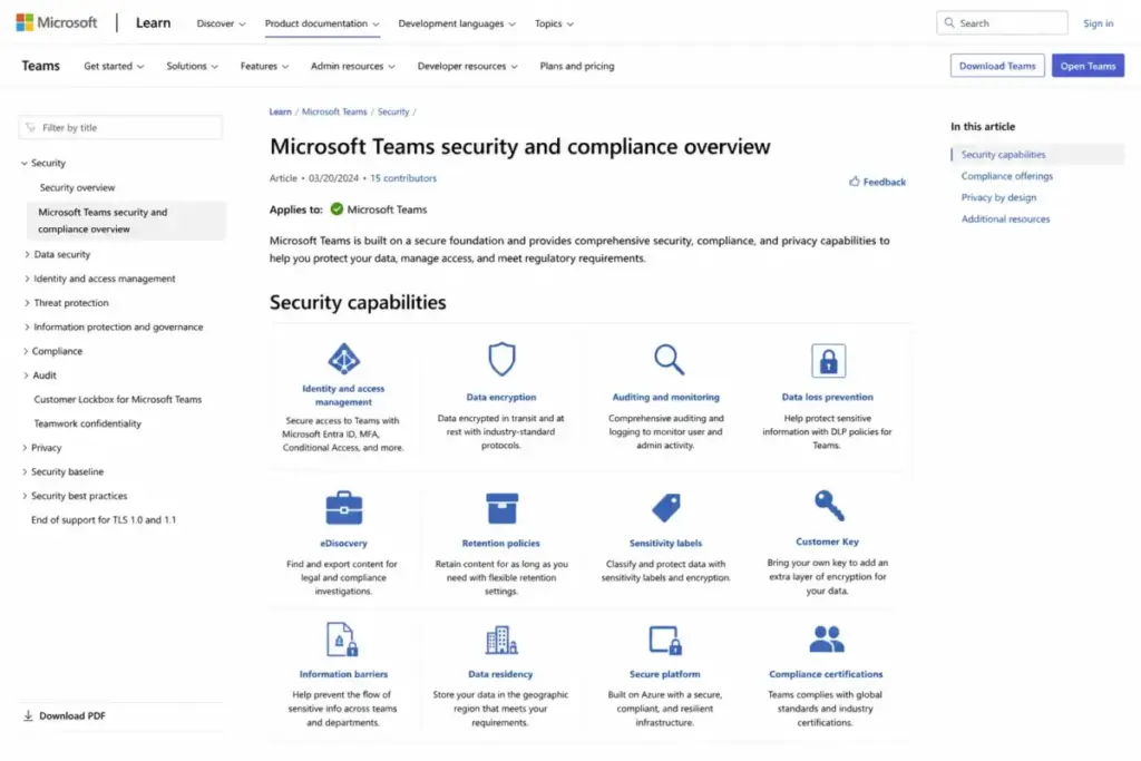 Microsoft Learn page showing Microsoft Teams security and compliance capabilities, including Entra ID SSO, encryption, auditing, DLP, eDiscovery, retention policies, and sensitivity labels.