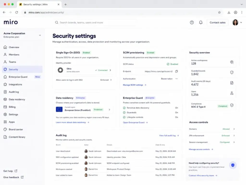 Miro admin security settings dashboard showing SSO, SCIM provisioning, data residency, Enterprise Guard, audit log, and access controls.