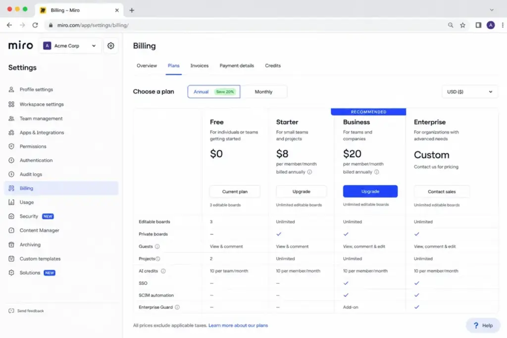 Miro billing settings page showing annual and monthly pricing toggle with Free, Starter, Business, and Enterprise plans