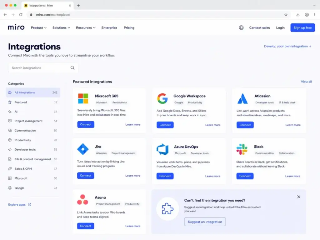 Miro integrations marketplace page showing Microsoft 365, Google Workspace, Atlassian, Jira, Azure DevOps, Slack, and Asana integration cards.