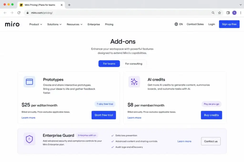 Miro pricing add-ons page showing Prototypes, AI credits, and Enterprise Guard add-on cards