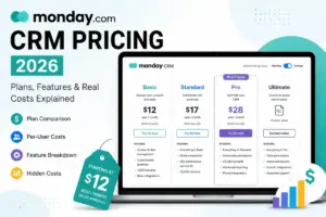 Featured image for monday.com CRM Pricing 2026 showing plan comparison, per-user costs, feature breakdown, and hidden costs.