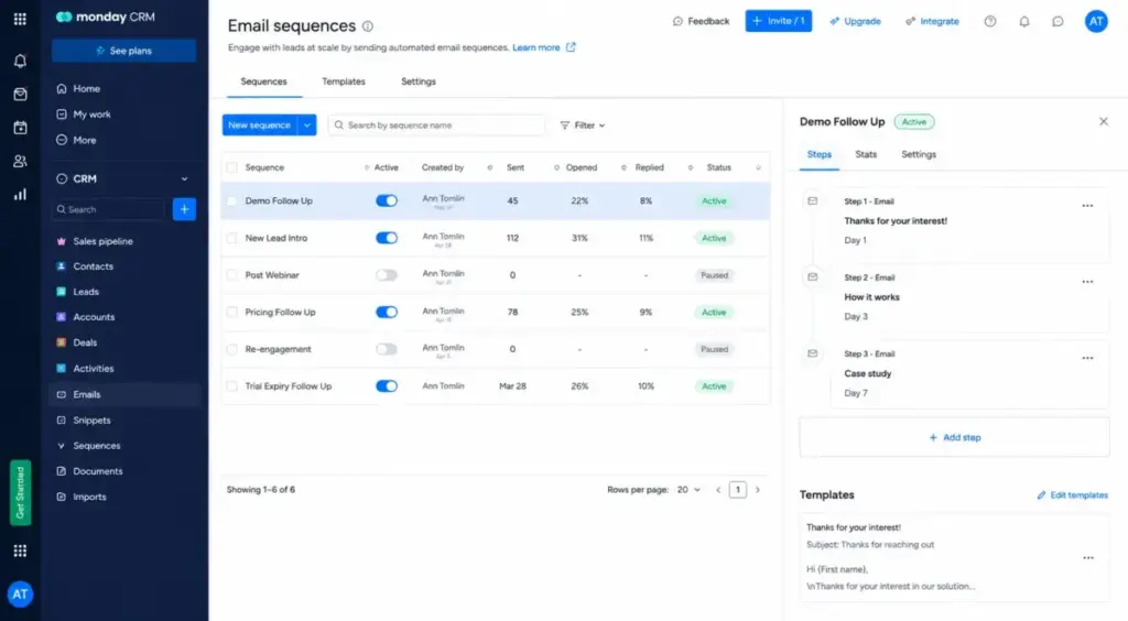 Screenshot-style mockup of monday.com CRM Email sequences panel showing mass email sequences, templates, and step settings.