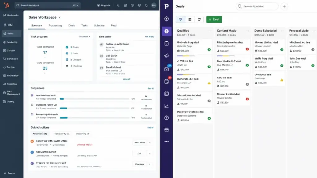 Pipedrive visual sales pipeline compared with HubSpot Sales Workspace dashboard side by side