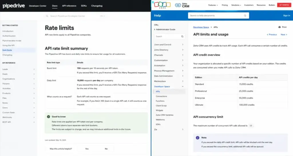Side-by-side API documentation comparison showing Pipedrive rate limits and Zoho CRM API credit limits.