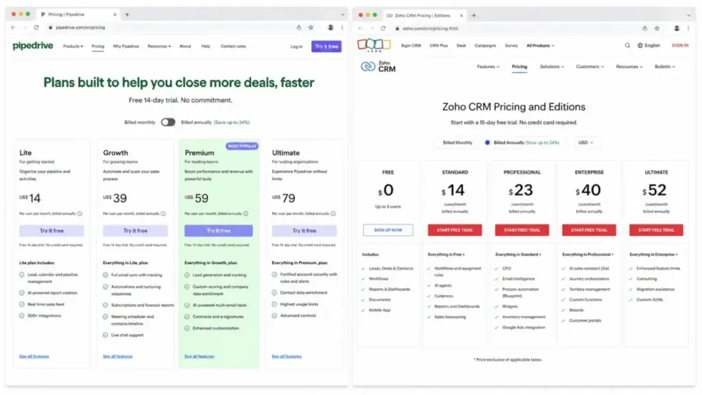 Side-by-side pricing page comparison of Pipedrive and Zoho CRM showing 2026 annual plans, plan names, prices, and key feature tiers.