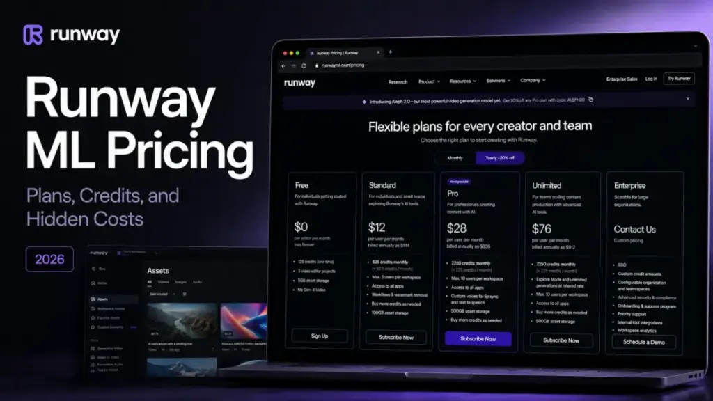 Runway ML Pricing 2026 featured image showing pricing plans, credits, and hidden costs on a laptop screen.