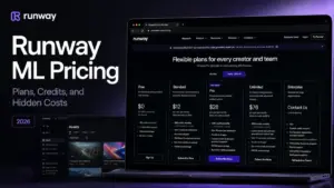 Runway ML Pricing 2026 featured image showing pricing plans, credits, and hidden costs on a laptop screen.