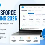 Salesforce Pricing 2026 featured image showing Sales Cloud plan cards, costs at scale, add-ons, and support breakdown.