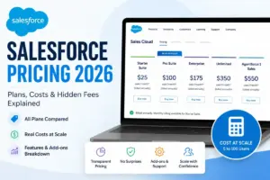 Salesforce Pricing 2026 featured image showing Sales Cloud plan cards, costs at scale, add-ons, and support breakdown.