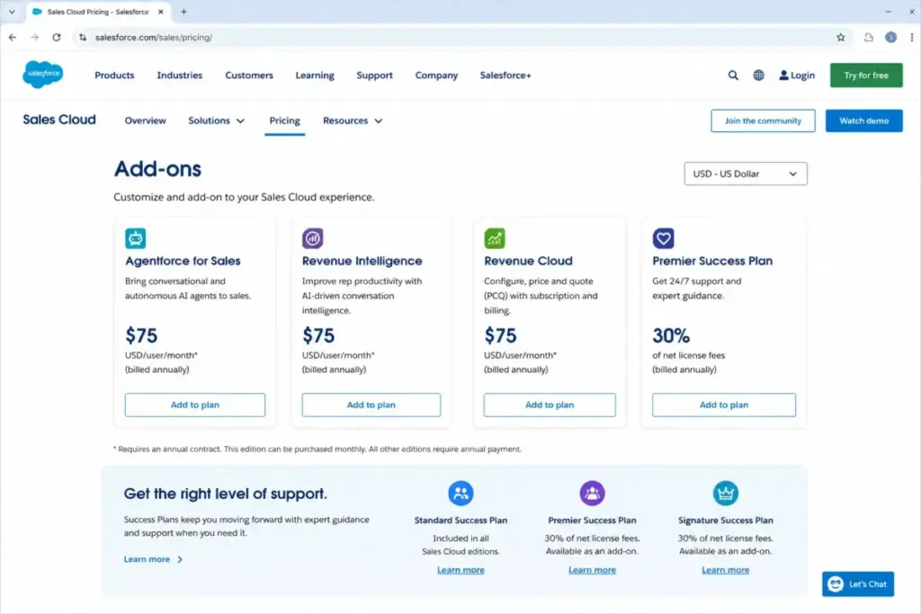 Salesforce Sales Cloud add-on pricing section showing add-on cards for Agentforce for Sales, Revenue Intelligence, Revenue Cloud, and Premier Success Plan.