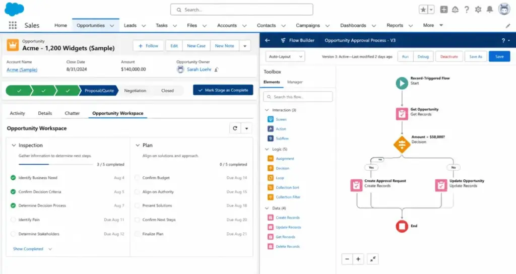 Salesforce Sales Cloud opportunity workspace with Flow Builder approval process