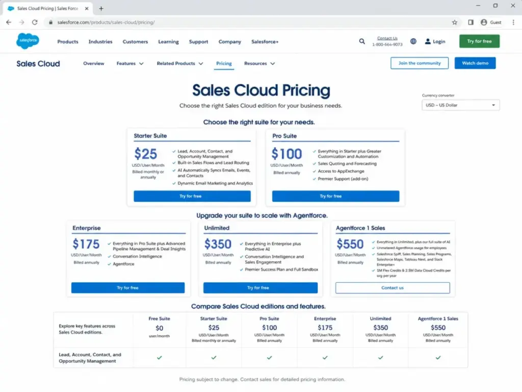 Salesforce Sales Cloud pricing page showing Starter, Pro, Enterprise, Unlimited, and Agentforce 1 Sales plans with monthly prices and annual billing notes.