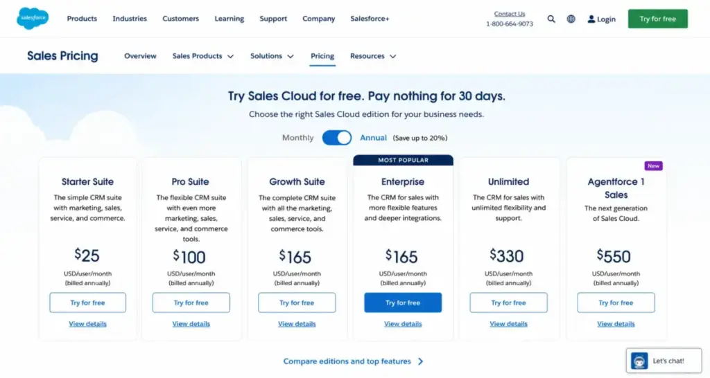 Salesforce Sales pricing page showing Starter Suite through Agentforce 1 Sales tiers