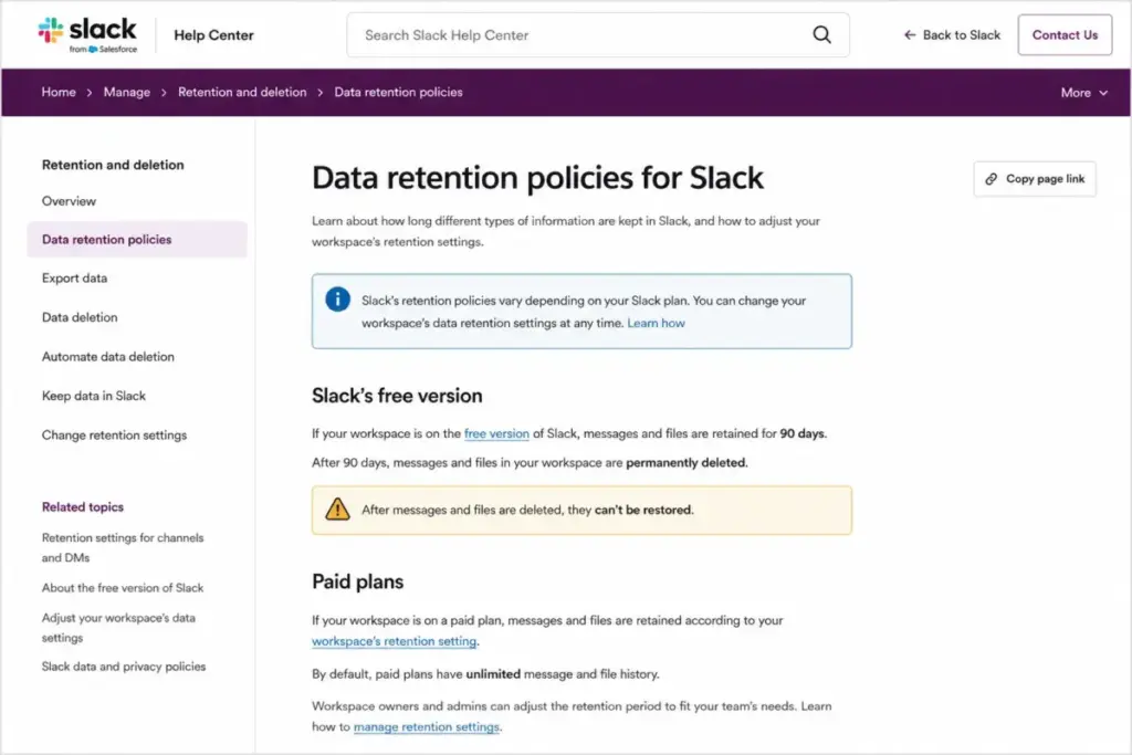 Slack Help Center article explaining Free plan data retention, 90-day message history, and deleted file recovery limits.