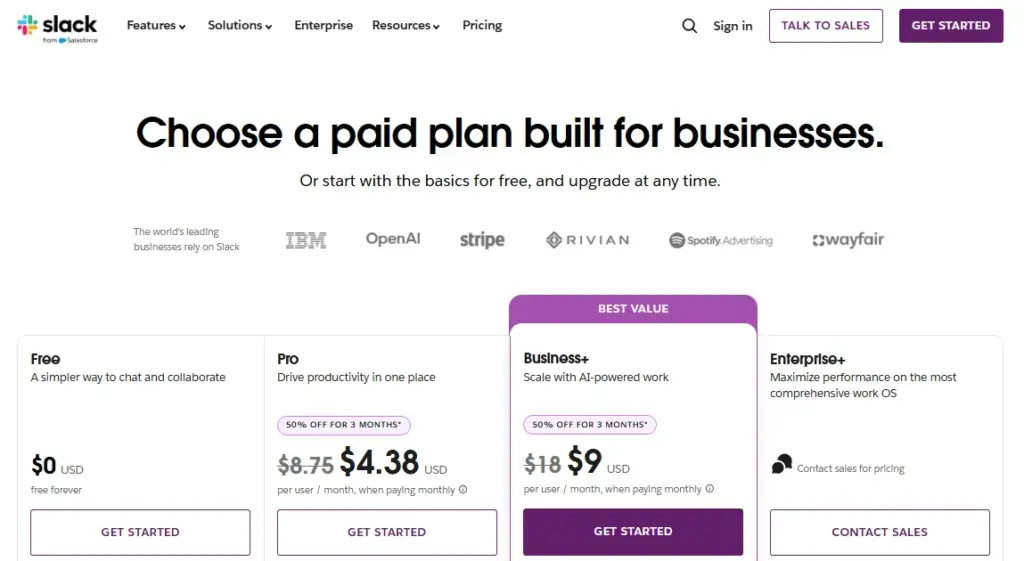 Screenshot-style image of the Slack pricing page showing Free, Pro, Business+, and Enterprise+ plans, with Pro promotional monthly pricing displayed at $4.38 per user per month.