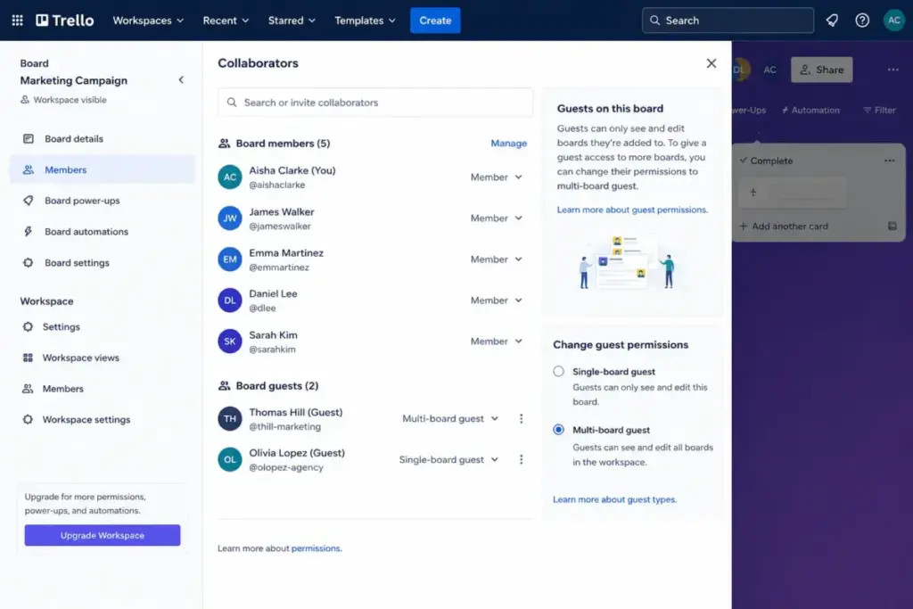 Trello board guest settings showing collaborators, single-board guests, and multi-board guest permission differences.