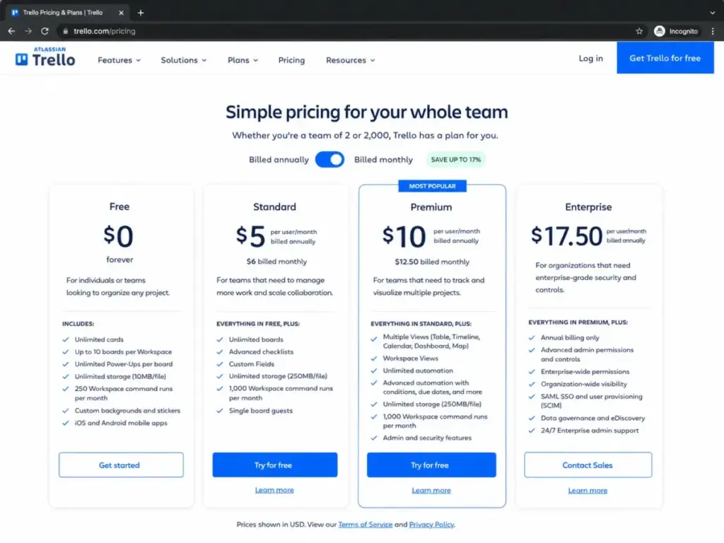 Trello pricing page showing Free, Standard, Premium, and Enterprise plan cards with annual and monthly rates.
