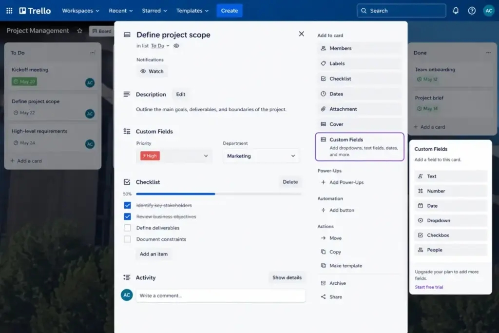 Trello card editor showing Standard plan features including Custom Fields and advanced checklists.