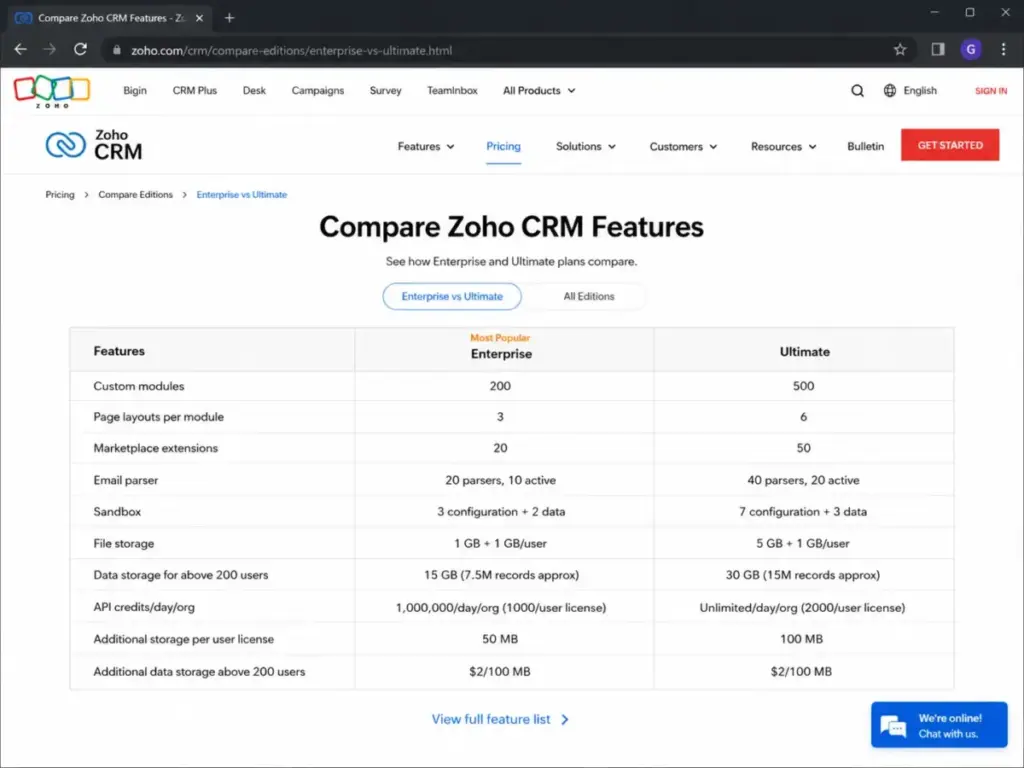 Zoho CRM Enterprise vs Ultimate feature comparison table showing differences in custom modules, sandbox, storage, API credits, and email parser limits.