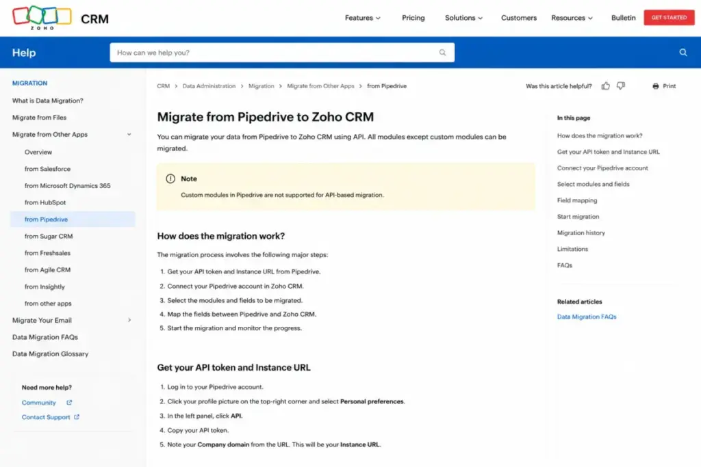 Zoho CRM help documentation page showing migration from Pipedrive using API token, instance URL, field mapping, and custom module limitation.