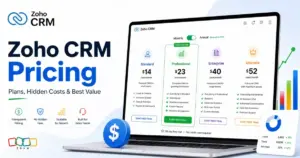 Zoho CRM pricing featured image showing plan cards, annual billing, and pricing comparison for CRM buyers.