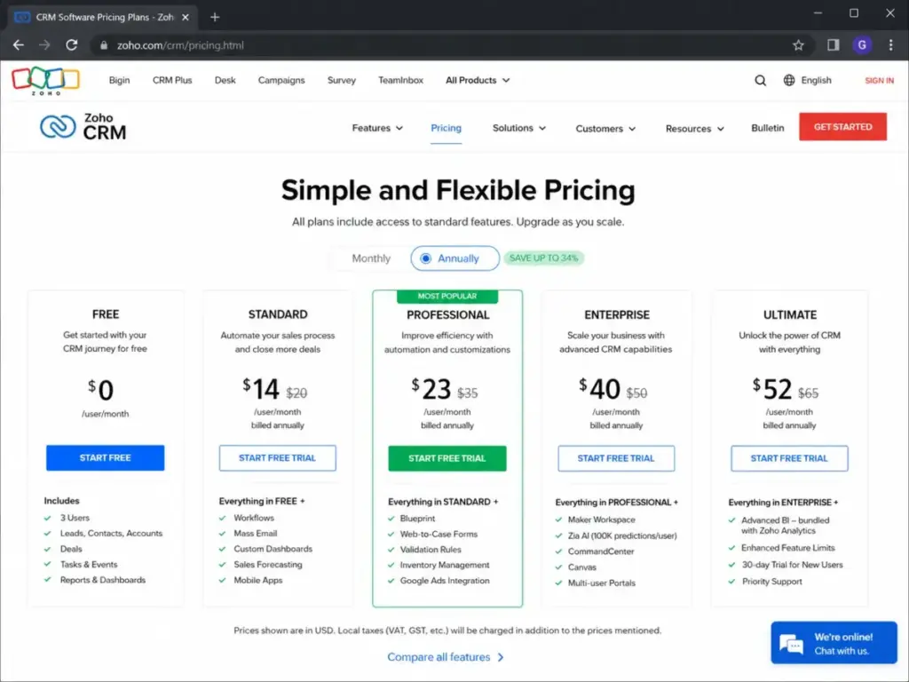 Zoho CRM pricing page showing Free, Standard, Professional, Enterprise, and Ultimate plans with annual billing selected.