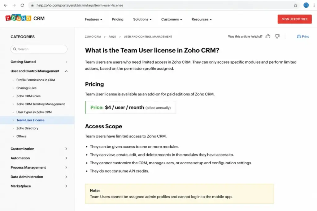 Zoho CRM Team User license FAQ page showing pricing and limited access scope for Team Users.