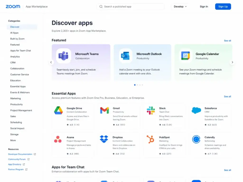Zoom App Marketplace page showing Microsoft Teams, Microsoft Outlook, Google Calendar, Google Drive, Gmail, Slack, Salesforce, Dropbox, HubSpot, and Calendly integrations.